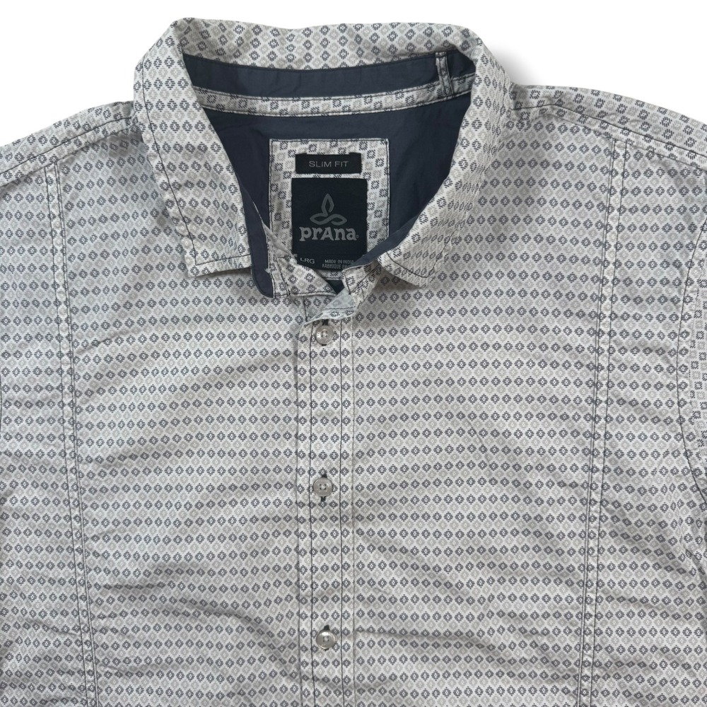 Prana Button Down Shirt Mens Large Gray Geometric Slim Fit Short Sleeve Cotton